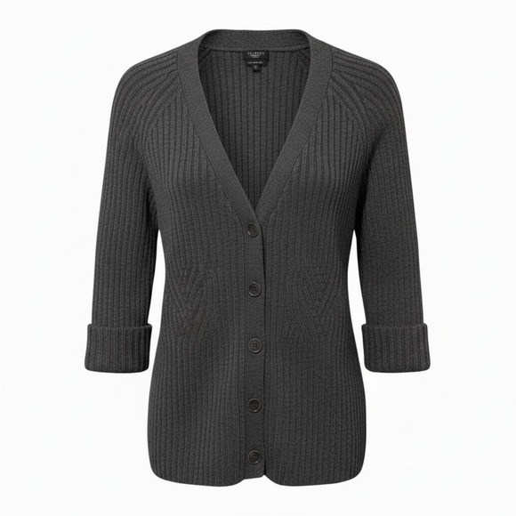 Talbots Sweaters - Talbots Merino Wool Ribbed Cardigan Sweater Gray V-Neck Button Front M